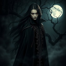 A captivating vampire in a dark, mysterious forest, with long flowing black hair and piercing red eyes