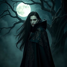 A captivating vampire in a dark, mysterious forest, with long flowing black hair and piercing red eyes