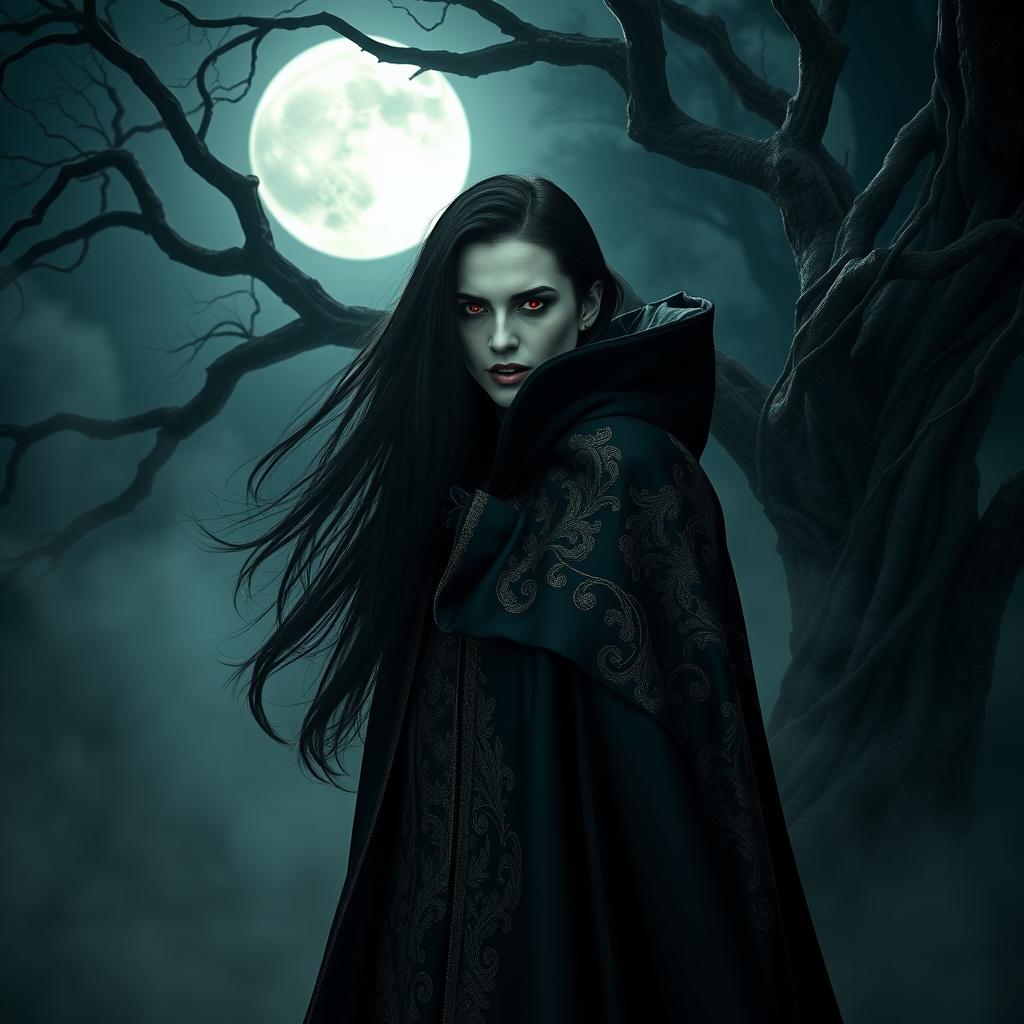 A captivating vampire in a dark, mysterious forest, with long flowing black hair and piercing red eyes