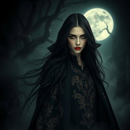 A captivating vampire in a dark, mysterious forest, with long flowing black hair and piercing red eyes