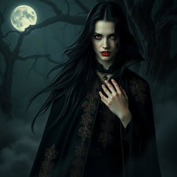 A captivating vampire in a dark, mysterious forest, with long flowing black hair and piercing red eyes