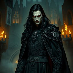 A captivating and imposing vampire lord stands in a dimly lit medieval castle, surrounded by eerie shadows