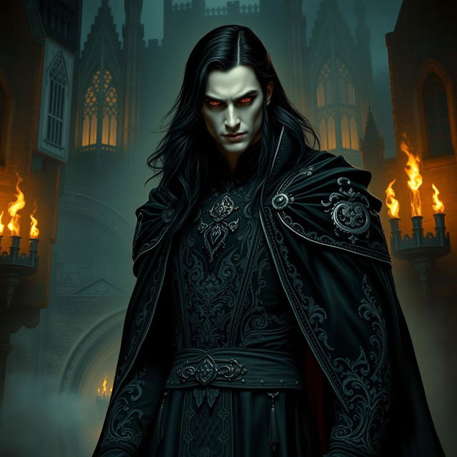 A captivating and imposing vampire lord stands in a dimly lit medieval castle, surrounded by eerie shadows