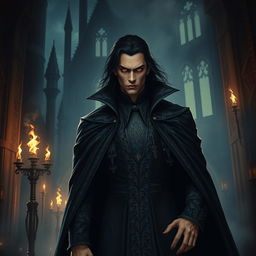 A captivating and imposing vampire lord stands in a dimly lit medieval castle, surrounded by eerie shadows
