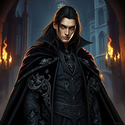 A captivating and imposing vampire lord stands in a dimly lit medieval castle, surrounded by eerie shadows