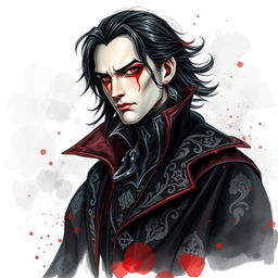 A charming yet imposing vampire lord depicted in a stunning watercolor painting, set against a striking black and white background