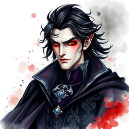 A charming yet imposing vampire lord depicted in a stunning watercolor painting, set against a striking black and white background
