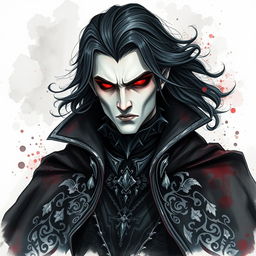 A charming yet imposing vampire lord depicted in a stunning watercolor painting, set against a striking black and white background