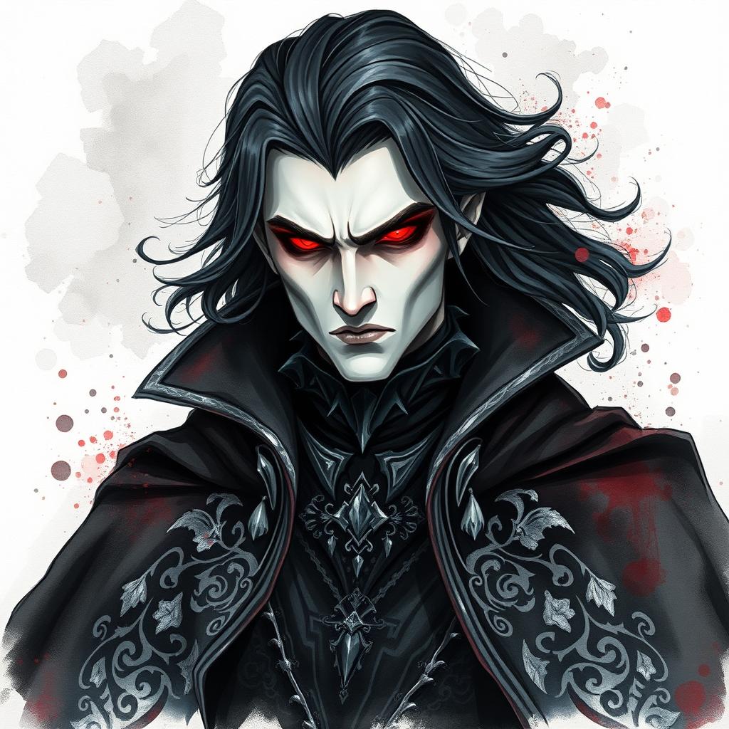 A charming yet imposing vampire lord depicted in a stunning watercolor painting, set against a striking black and white background