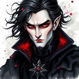 A charming yet imposing vampire lord depicted in a stunning watercolor painting, set against a striking black and white background