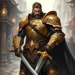 A formidable mercenary guard in a dynamic pose, clad in intricate gold-embossed armor that gleams in the light