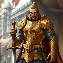 A formidable mercenary guard in a dynamic pose, clad in intricate gold-embossed armor that gleams in the light