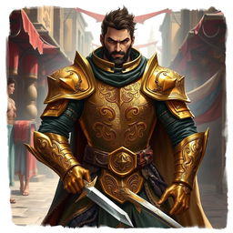 A formidable mercenary guard in a dynamic pose, clad in intricate gold-embossed armor that gleams in the light