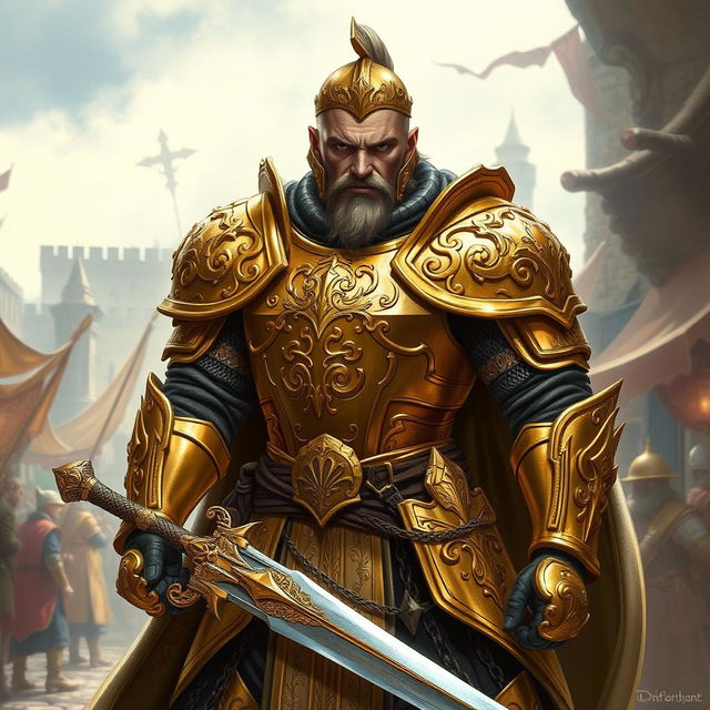 A formidable mercenary guard in a dynamic pose, clad in intricate gold-embossed armor that gleams in the light
