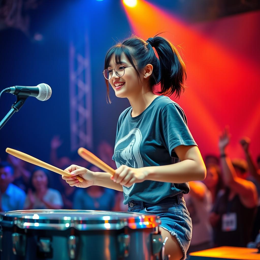 An energetic image of a 22-year-old Indonesian woman passionately playing the drums on stage