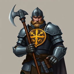 A stoic mercenary guard firmly gripping a halberd, dressed in robust iron armor adorned with a prominent gold sigil that signifies his allegiance