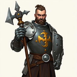 A stoic mercenary guard firmly gripping a halberd, dressed in robust iron armor adorned with a prominent gold sigil that signifies his allegiance