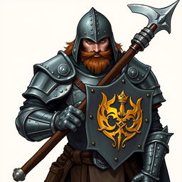 A stoic mercenary guard firmly gripping a halberd, dressed in robust iron armor adorned with a prominent gold sigil that signifies his allegiance