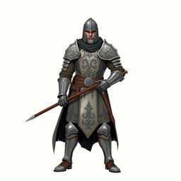 A vigilant mercenary guard standing confidently with a spear in hand, donned in lightweight iron armor that allows for both protection and agility