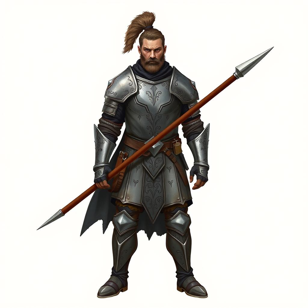 A vigilant mercenary guard standing confidently with a spear in hand, donned in lightweight iron armor that allows for both protection and agility
