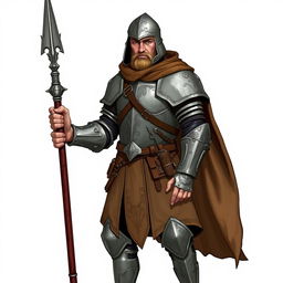 A vigilant mercenary guard standing confidently with a spear in hand, donned in lightweight iron armor that allows for both protection and agility