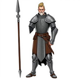 A vigilant mercenary guard standing confidently with a spear in hand, donned in lightweight iron armor that allows for both protection and agility