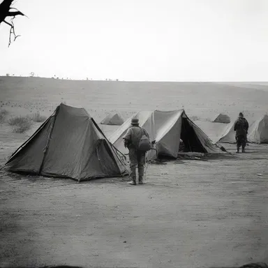 After a long journey, the weary soldiers took a moment to air out their tents before setting up camp.