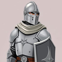 A helmeted mercenary guard standing alert, adorned in light iron armor that balances protection and mobility