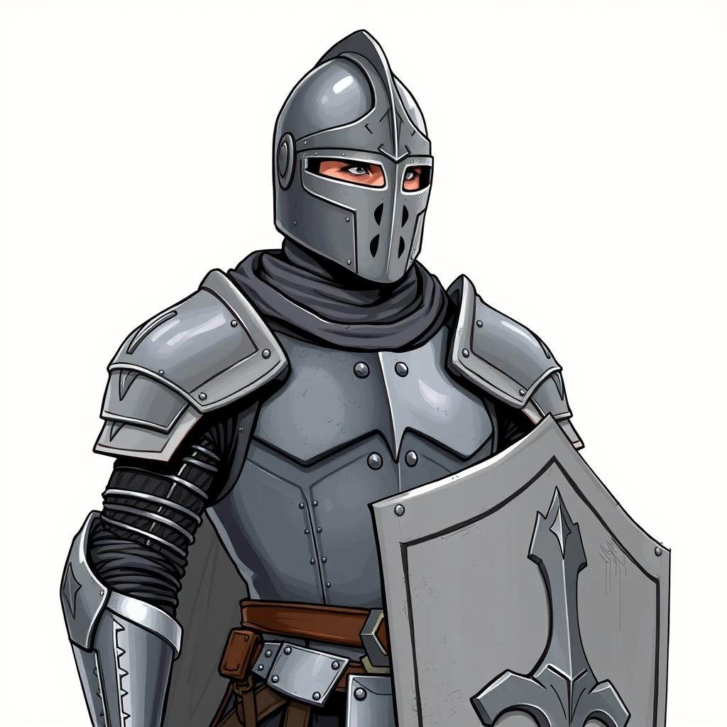 A helmeted mercenary guard standing alert, adorned in light iron armor that balances protection and mobility