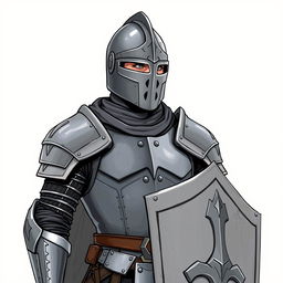 A helmeted mercenary guard standing alert, adorned in light iron armor that balances protection and mobility