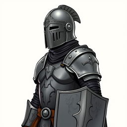 A helmeted mercenary guard standing alert, adorned in light iron armor that balances protection and mobility