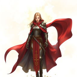 A beautiful and noble female war cleric standing confidently, draped in a flowing red cape that billows elegantly around her