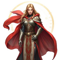 A beautiful and noble female war cleric standing confidently, draped in a flowing red cape that billows elegantly around her