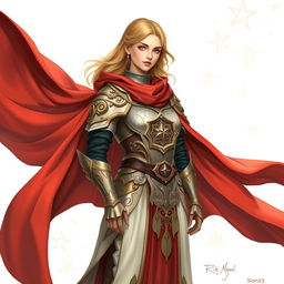 A beautiful and noble female war cleric standing confidently, draped in a flowing red cape that billows elegantly around her
