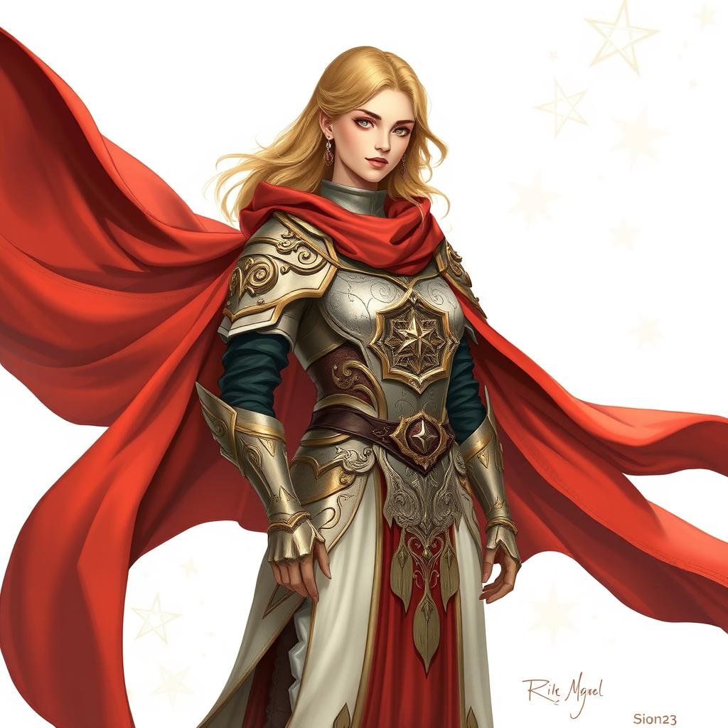 A beautiful and noble female war cleric standing confidently, draped in a flowing red cape that billows elegantly around her