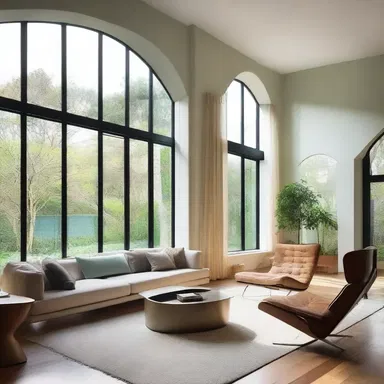 The architect designed large windows in the living room to allow natural light and fresh air to air out the space.