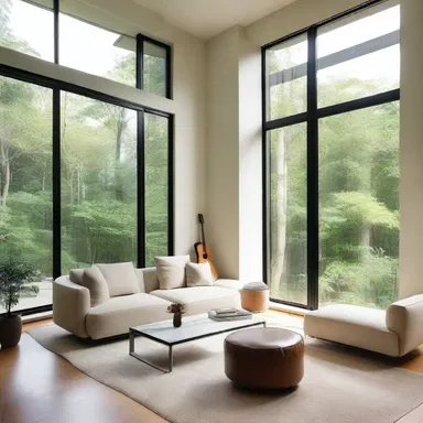 The architect designed large windows in the living room to allow natural light and fresh air to air out the space.