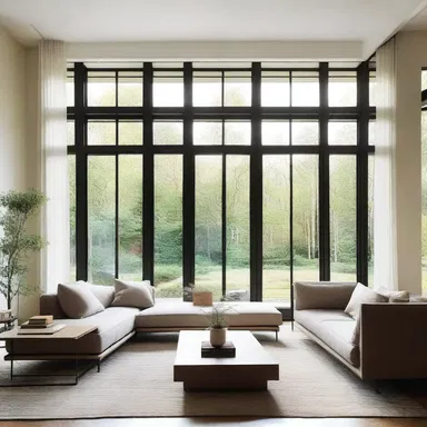 The architect designed large windows in the living room to allow natural light and fresh air to air out the space.