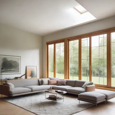 The architect designed large windows in the living room to allow natural light and fresh air to air out the space.