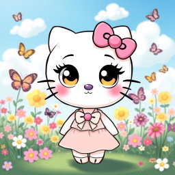 A cute and stylish depiction of a character inspired by Hello Kitty, featuring a round face, large expressive eyes, and a small nose