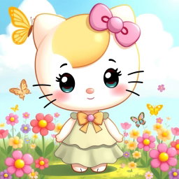 A cute and stylish depiction of a character inspired by Hello Kitty, featuring a round face, large expressive eyes, and a small nose