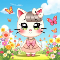 A cute and stylish depiction of a character inspired by Hello Kitty, featuring a round face, large expressive eyes, and a small nose