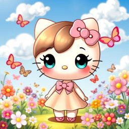 A cute and stylish depiction of a character inspired by Hello Kitty, featuring a round face, large expressive eyes, and a small nose
