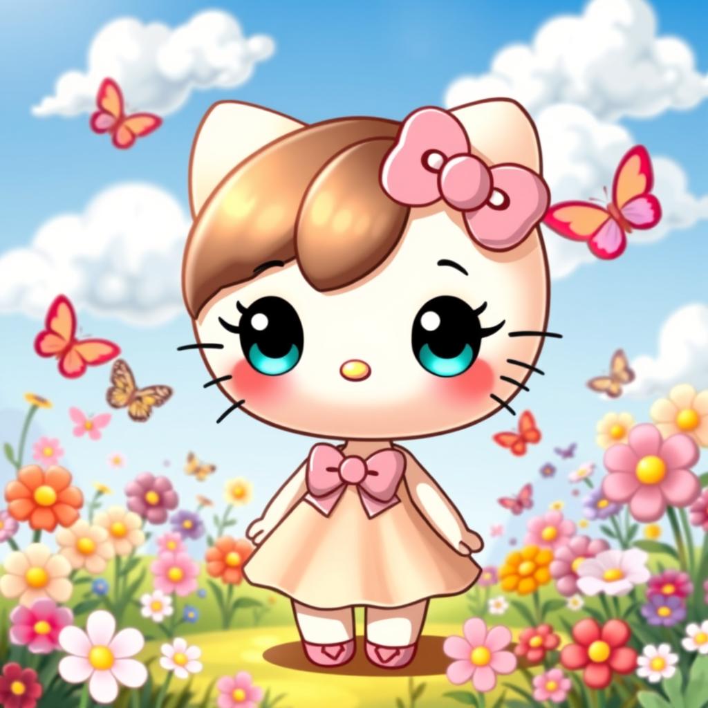 A cute and stylish depiction of a character inspired by Hello Kitty, featuring a round face, large expressive eyes, and a small nose