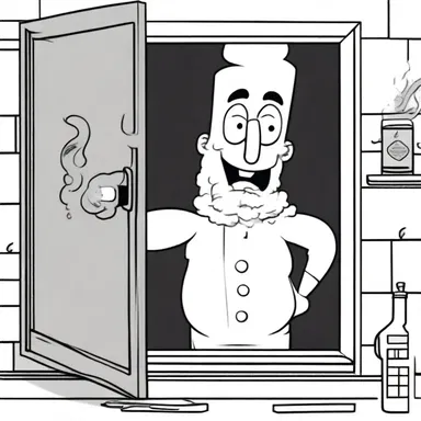 In the cartoon, the character opened a window to air out the smoke after a failed kitchen experiment.