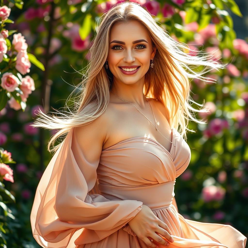A striking and beautiful portrait of a woman with long flowing hair, wearing an elegant dress that billows softly in the wind