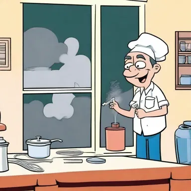 In the cartoon, the character opened a window to air out the smoke after a failed kitchen experiment.