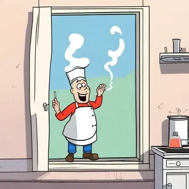 In the cartoon, the character opened a window to air out the smoke after a failed kitchen experiment.