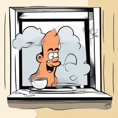In the cartoon, the character opened a window to air out the smoke after a failed kitchen experiment.