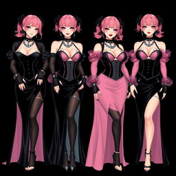 A captivating scene featuring four sexy gothic anime villain dominatrix girls, each adorned with a subtle smile and a soft blush on their cheeks